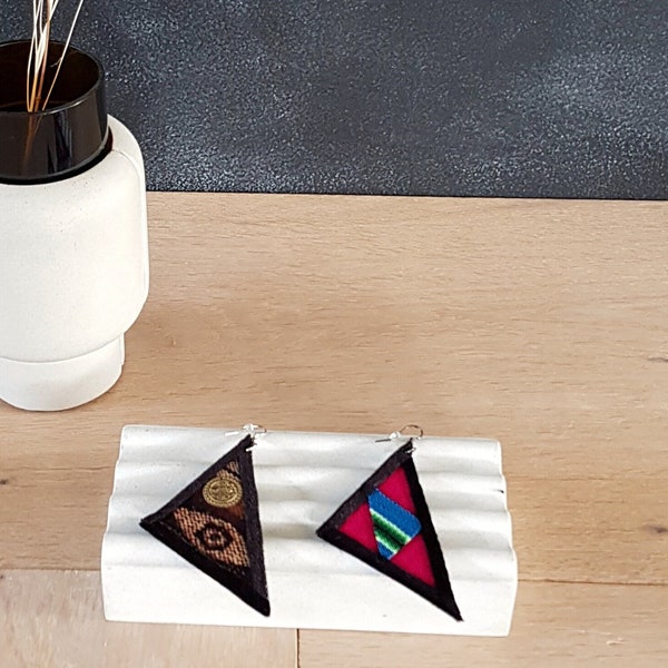 Unique earrings made of recycled aguayo fabric from Bolivia
