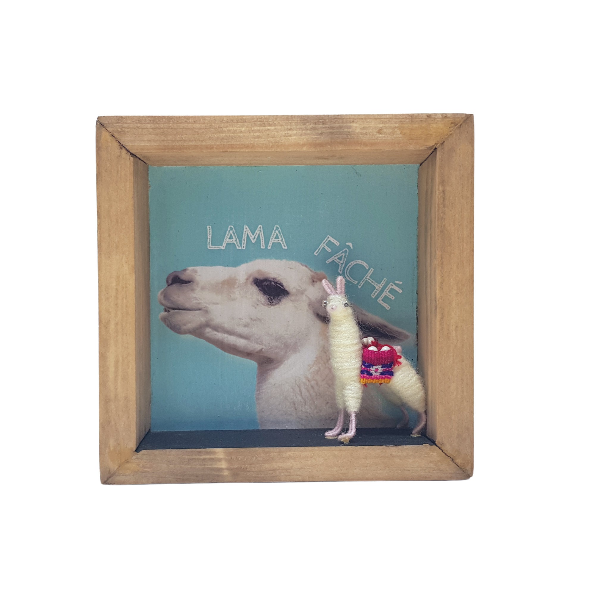 Cadre en Bois avec Un Lama Décoratif Lama Faché