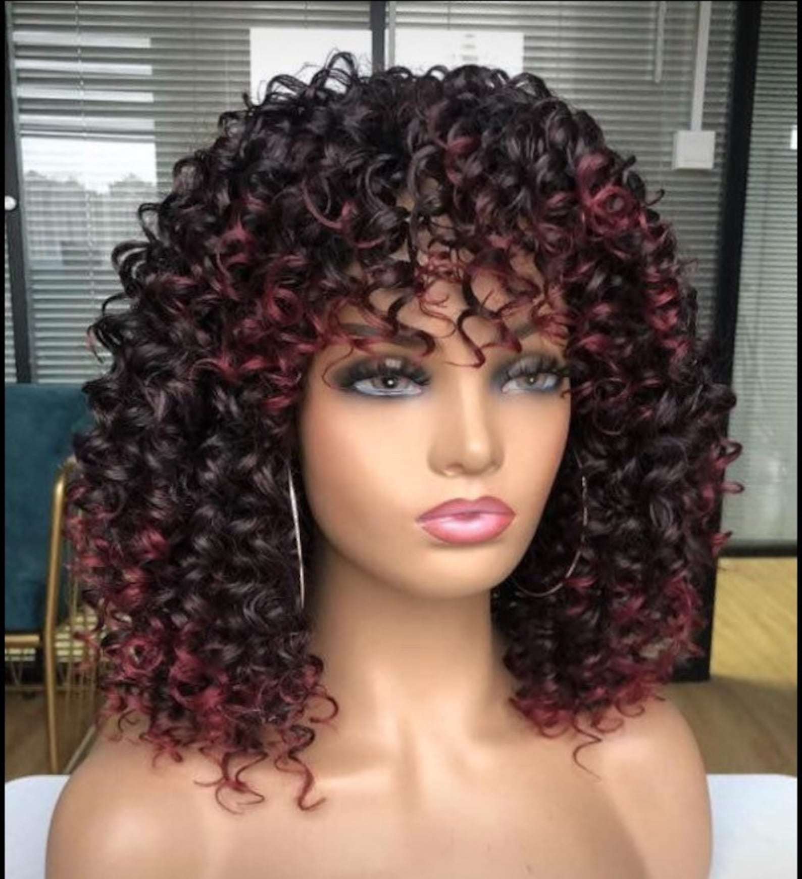 Curly Wig Black with burgundyHighlights Wig with | Etsy