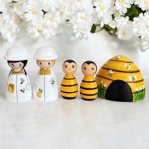 Handmade Wooden Bee and Beekeeper Peg Doll Playset – 7-Piece Montessori Toy, Waldorf-Inspired, Bee-Themed Gift for Kids