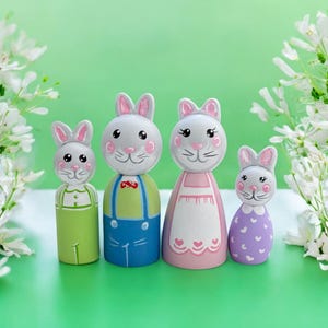 Bunny Peg Doll Family – Handmade Wooden Rabbit Toy, Easter Gift for Kids, Waldorf Toy, Montessori Animal Set, Spring Decor, Bunny Dolls
