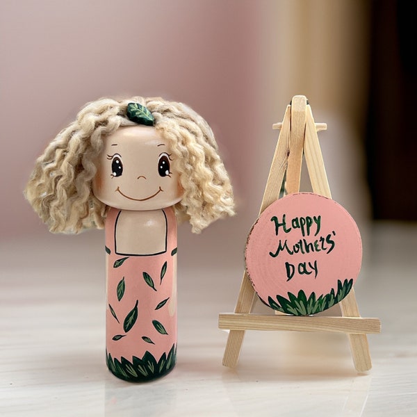 Ensemble de poupées à chevilles cadeau joyeuse fête des mères, cadeau personnalisé pour maman, poupée en bois florale peinte à la main