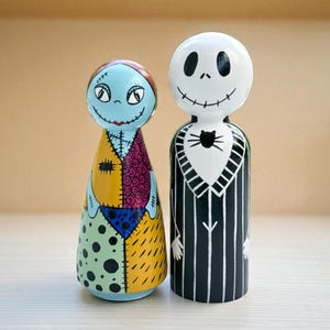 Handmade Jack and Sally Wooden Figures for Collectible Halloween Decor