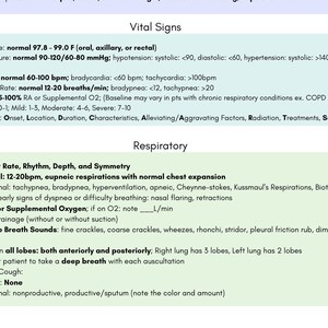 May include: A medical chart detailing vital signs and respiratory information. It lists normal ranges for temperature (36.5-37.2&deg;C), blood pressure, heart rate, and respiratory rate, alongside other medical data.
