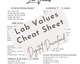 LAB VALUES cheat sheet for nursing, medical students; 1 page cheat sheet, Clinical Rotations