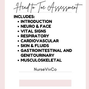 May include: A white and pink graphic with the text "Head to Toe Assessment" in a cursive font. The text "INCLUDES:" is followed by a bulleted list of assessment categories, including "Introduction," "Neuro & Face," and "Vital Signs."