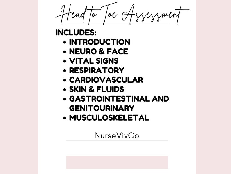 May include: A white and pink graphic with the text "Head to Toe Assessment" in a cursive font. The text "INCLUDES:" is followed by a bulleted list of assessment categories, including "Introduction," "Neuro & Face," and "Vital Signs."