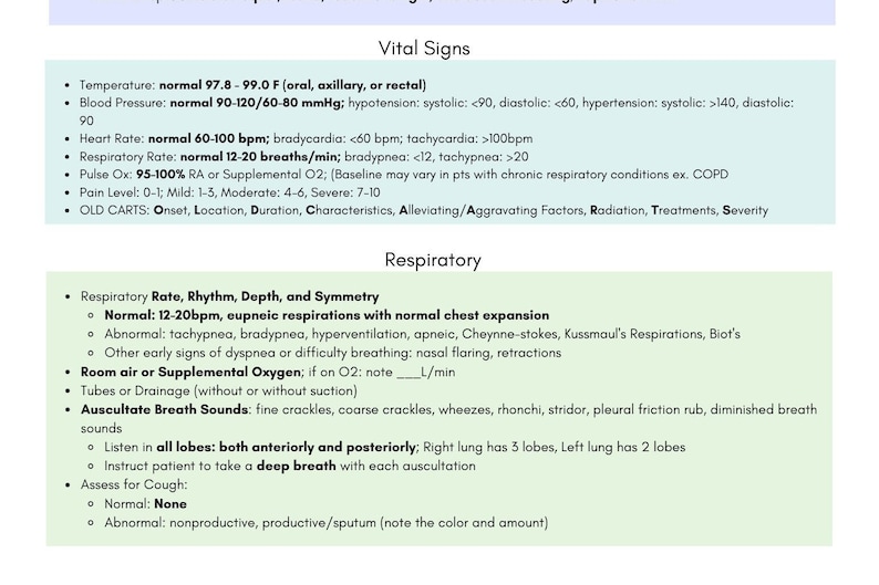 May include: A medical chart detailing vital signs and respiratory information. It lists normal ranges for temperature (36.5-37.2&deg;C), blood pressure, heart rate, and respiratory rate, alongside other medical data.