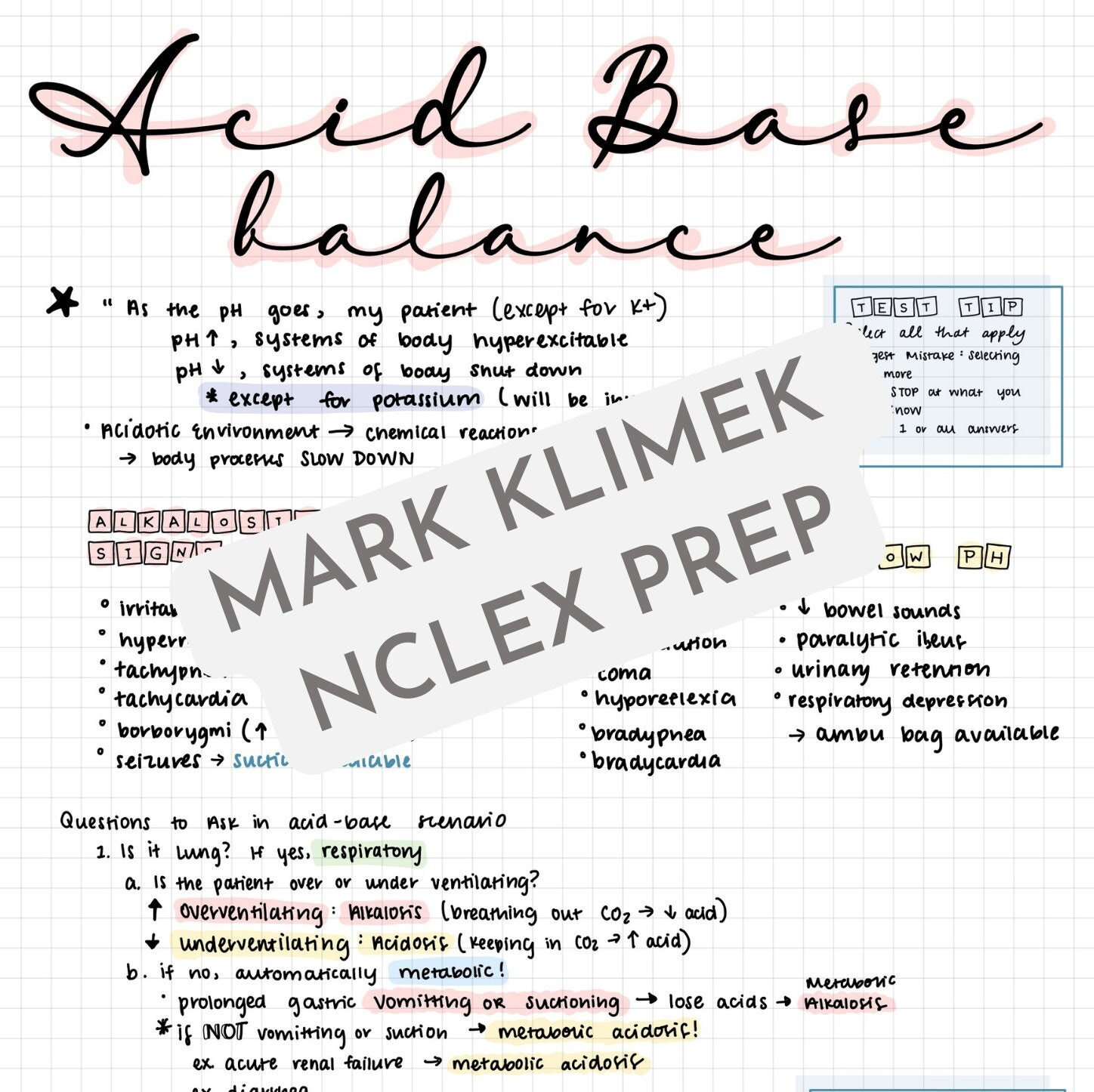Mark Klimek NCLEX Prep Acid Base Balance Lecture Notes, 2 Page PDF