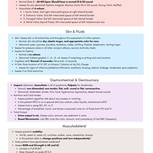 May include: A medical reference sheet with bullet points detailing patient assessment procedures. Topics include cardiovascular, skin, gastrointestinal, and musculoskeletal evaluations. The text is in black and blue.