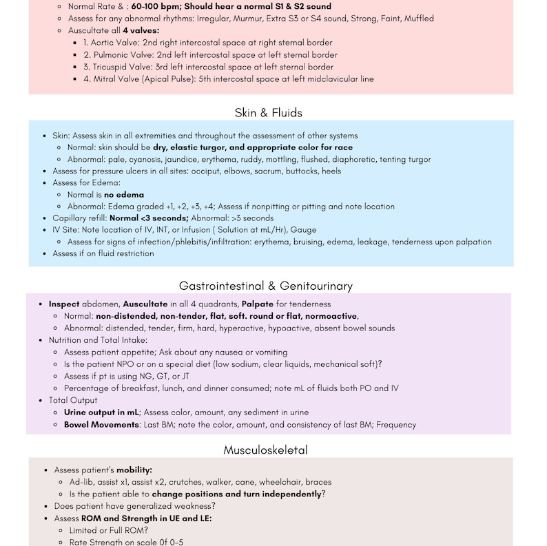 May include: A medical reference sheet with bullet points detailing patient assessment procedures. Topics include cardiovascular, skin, gastrointestinal, and musculoskeletal evaluations. The text is in black and blue.