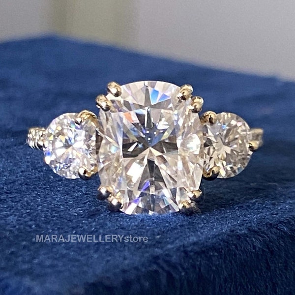 3.0 Carat Elongated Cushion Cut Moissanite Trilogy | Round Cut Side Stones | 14k Solid Yellow Gold Ring | Three Stone Ring | Wedding Gift
