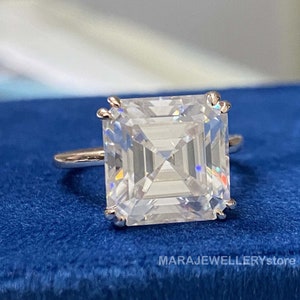 Asscher Cut Moissanite Solitaire Ring: 925 Sterling Silver Engagement Ring