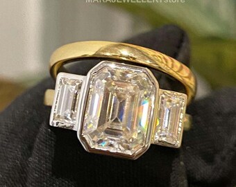 925 Silver Yellow Gold Plated Ring | Emerald Cut Moissanite Wedding Ring Set | Moissanite Engagement Ring Set | 925 Silver Emerald Cut Ring