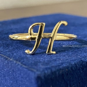 18K Yellow Gold Monogram Initial Ring, Personalized Dainty Rings, Custom H Alphabet Letter Ring