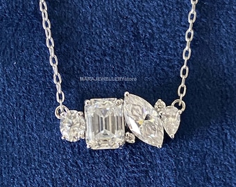 Collar de racimo de moissanita en plata de ley 925, collar de piedras multiforma para ella