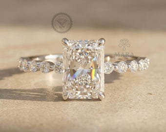 Radiant Cut Lab Grown Diamond Engagement Ring, 1.00 to 3.00 CT Radiant Cut CVD Diamond Wedding Ring, Solitaire & Accents Stone Proposal Ring