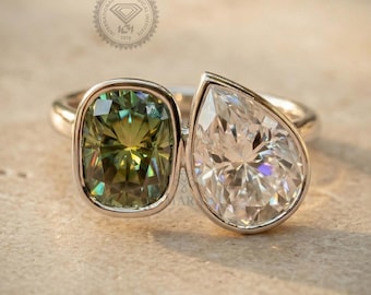 Anillo Toi Et Moi con moissanita verde en forma de pera y cojín / Anillo de novia con engaste de plata 925