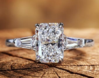 Radiant Cut 1.0 Carat E Color VVS2 Clarity IGI Certified Lab Grown Diamond Three Stone Engagement Ring, Side Tapered Baguette 18k White Gold