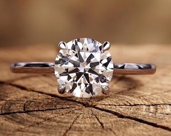 Anillo de compromiso con diamante sintético de talla redonda, solitario de perfil bajo, joyería fina hecha a mano, anillo minimalista de oro blanco, certificado E-VVS2 IGI.