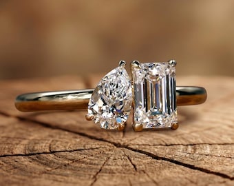 Anillo Toi Et Moi de esmeralda y diamante sintético talla pera, anillo de boda de dos piedras para mujer, anillo de aniversario de oro amarillo de 14 quilates, regalo para ella.