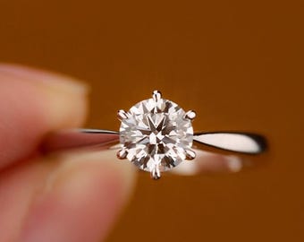 14K Solid Gold 6 Prong Round Cut Solitaire Moissanite Engagement Ring 1 CT Dainty Moissanite Ring Gold Promise Ring