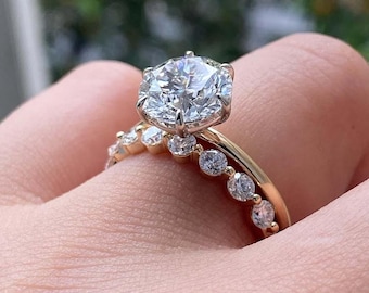 14K Yellow Gold Lab Grown Diamond Engagement Ring Set, Bridal Set