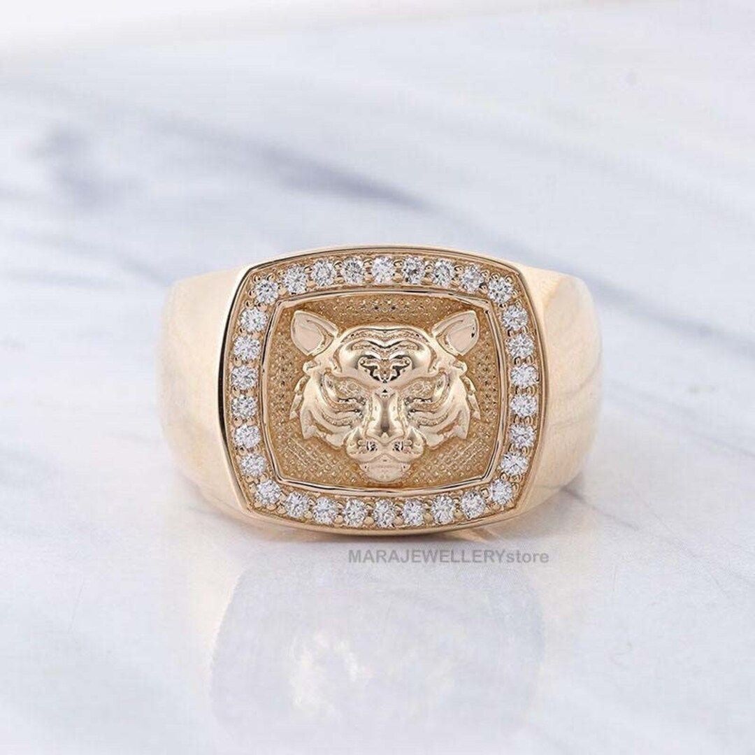 Men's Tiger Head Ring 14k Solid Gold Men's Statement Ring Father's Day