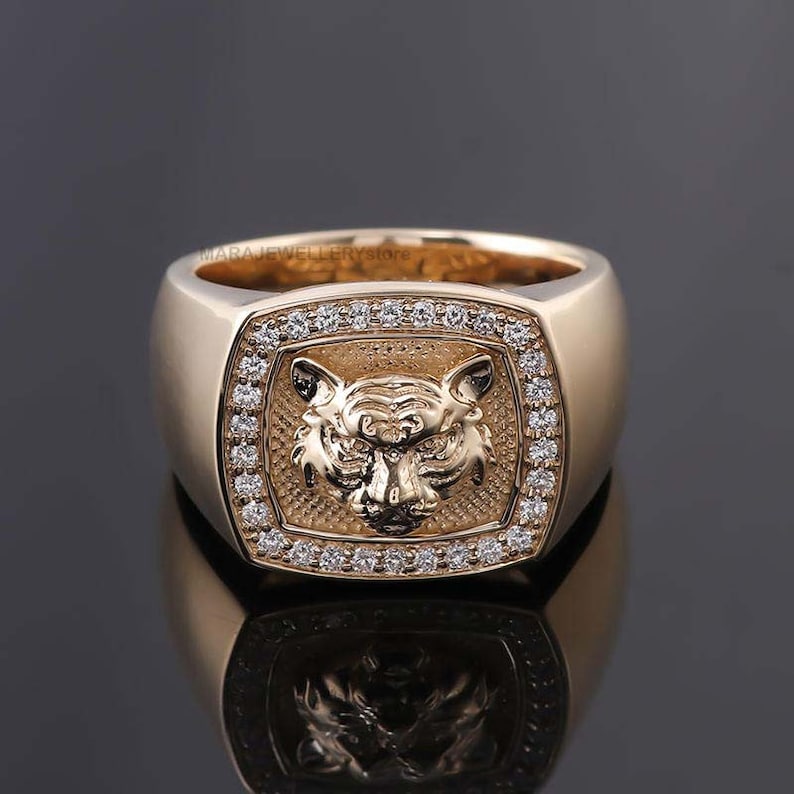 Men's Tiger Head Ring 14k Solid Gold Men's Statement Ring Father's Day