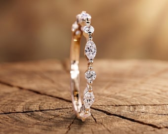 Anillo de boda con diamantes marquesa y redondos cultivados en laboratorio, anillo con diamantes creados en laboratorio EF/VS, anillo de media eternidad para ella, anillo apilable a juego.