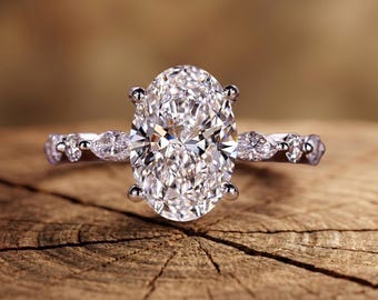 IGI Certified 1.0 to 2.0 Carat E-VVS2 Clarity Lab Grown Oval Cut Diamond Engagement Ring For her, Side Round & Marquise Diamond Yellow Gold