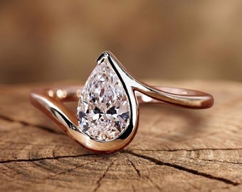 Anillo de compromiso con corte de pera, anillo de diamantes cultivados en laboratorio, anillos de boda para mujer, anillo de medio bisel, joyería hecha a mano, anillo de diamantes con certificación IGI