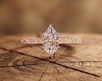 3.0 Carat Dutch Marquise Lab Grown Diamond Ring Claw Prong Engagement Ring, Vintage Floral Engraved Band, Rose Gold Ring
