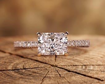2.0 Carat IGI Certified E-VVS2 East West Radiant Lab Grown Diamond Solitaire Engagement Ring 14k Yellow Gold with Hidden Halo Round Diamonds