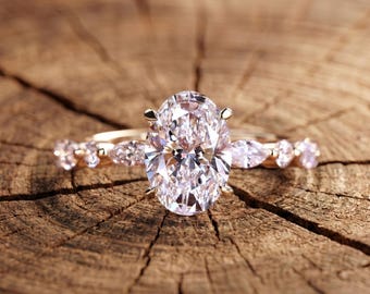 2.0 Carat Oval Cut Lab Grown Diamond Engagement Rings Side Marquise and Round Diamonds, Wedding Ring For Her Anniversary Ring, IGI Certified