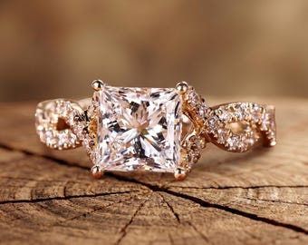 3 Carat Princess Cut Infinity Twist Engagement Ring in IGI Certified Lab Grown Diamond Or Hidden Halo Set 10k-14k-18k Yellow-White-Rose Gold