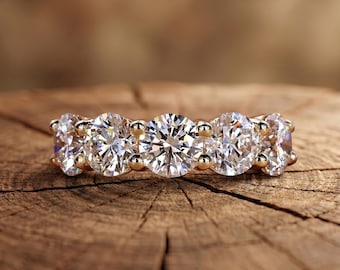 Alianzas de boda con diamantes cultivados en laboratorio, alianza de cinco diamantes redondos talla brillante de 4,15 quilates, anillo de media eternidad, diamantes certificados, regalo para ella.