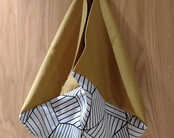 Large Japanese style bento bag with handle heavy cotton twill canvas shopping foldable reusable eco ochre yellow geometric