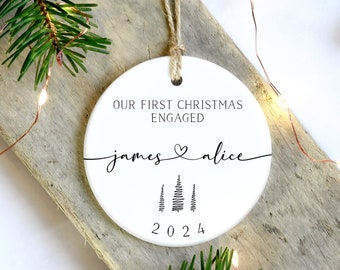 Personalised First Christmas Engaged Ornament | Custom Bauble For Engaged Couple | Names Christmas Tree Decoration | Unique Engagement Gift