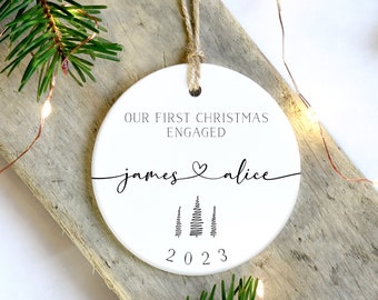 Personalised First Christmas Engaged Ornament | Custom Bauble For Engaged Couple | Names Christmas Tree Decoration | Unique Engagement Gift