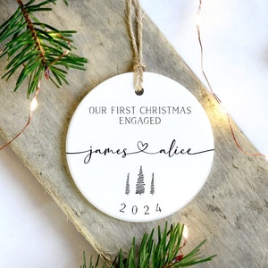 Personalised First Christmas Engaged Ornament Custom Bauble For Engaged Couple Names Christmas Tree Decoration Unique Engagement Gift image 1