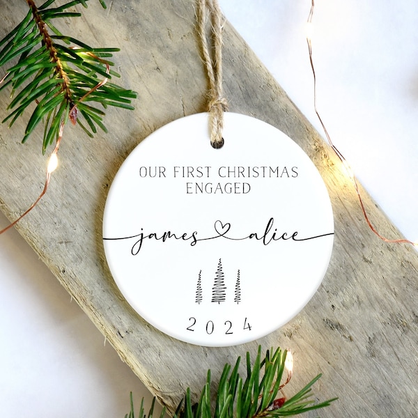 Personalised First Christmas Engaged Ornament | Custom Bauble For Engaged Couple | Names Christmas Tree Decoration | Unique Engagement Gift