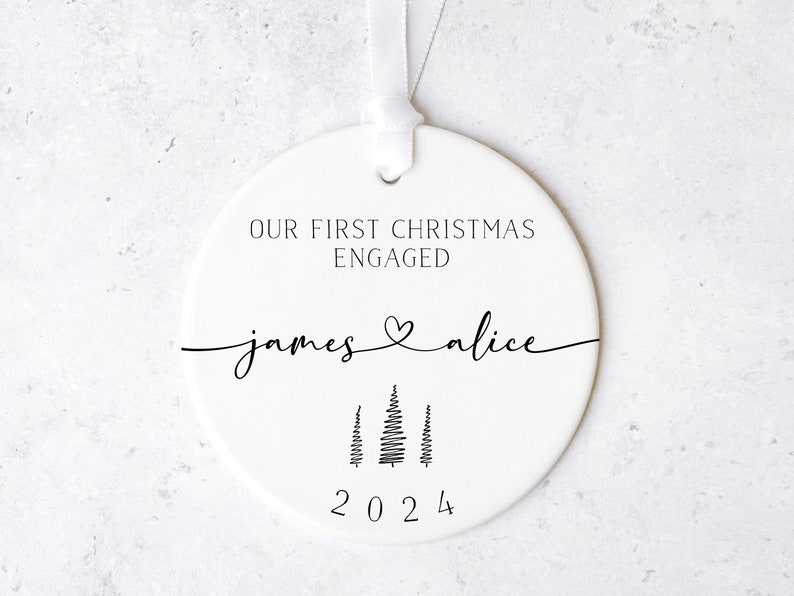 Personalised First Christmas Engaged Ornament Custom Bauble For Engaged Couple Names Christmas Tree Decoration Unique Engagement Gift image 2