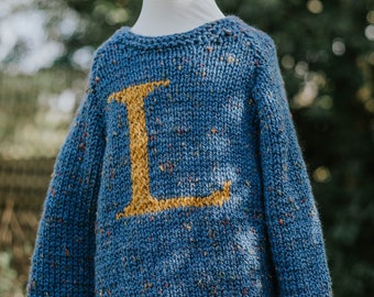 The Potter Jumper (Blue) | Baby & Kids Wool Blend, Chunky, Initial Jumper