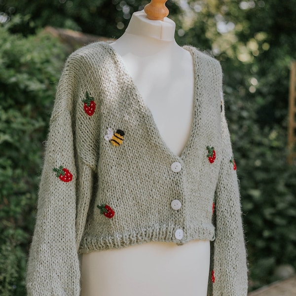 Adults Strawberry & Bee Handknitted Cropped Cardigan