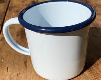 White enamelled metal mug, Navy blue border, gift idea, retro metal cup, Valentine's Day gift