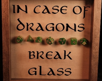In Case of Dragons Break Glass Shadow Box with Dice, Gift for nerds, gift for gamers, D&D Gift, DND Accessories, rpg gift, game room sign