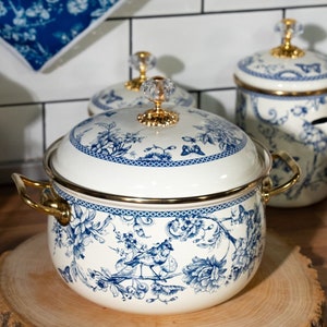 Pot émaillé bleu vintage à motifs d'oiseaux avec poignée en cristal, lavable en machine, adapté à toutes les cuisinières