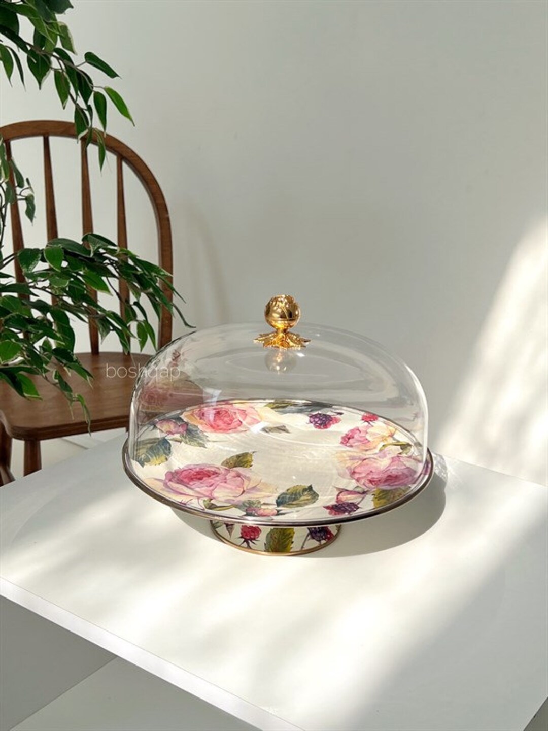 Buy Gold Rose Enamel Cake Stand, Dome Lid, Special Rose Designed Handle