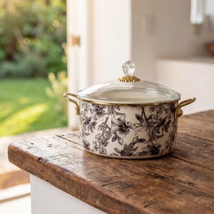 Puede incluir: Una olla con estampado floral, tapa de cristal y asas doradas. La olla tiene una base color crema con un diseño floral en negro y gris. La tapa tiene un pomo de cristal. Se encuentra sobre una superficie de madera rústica.